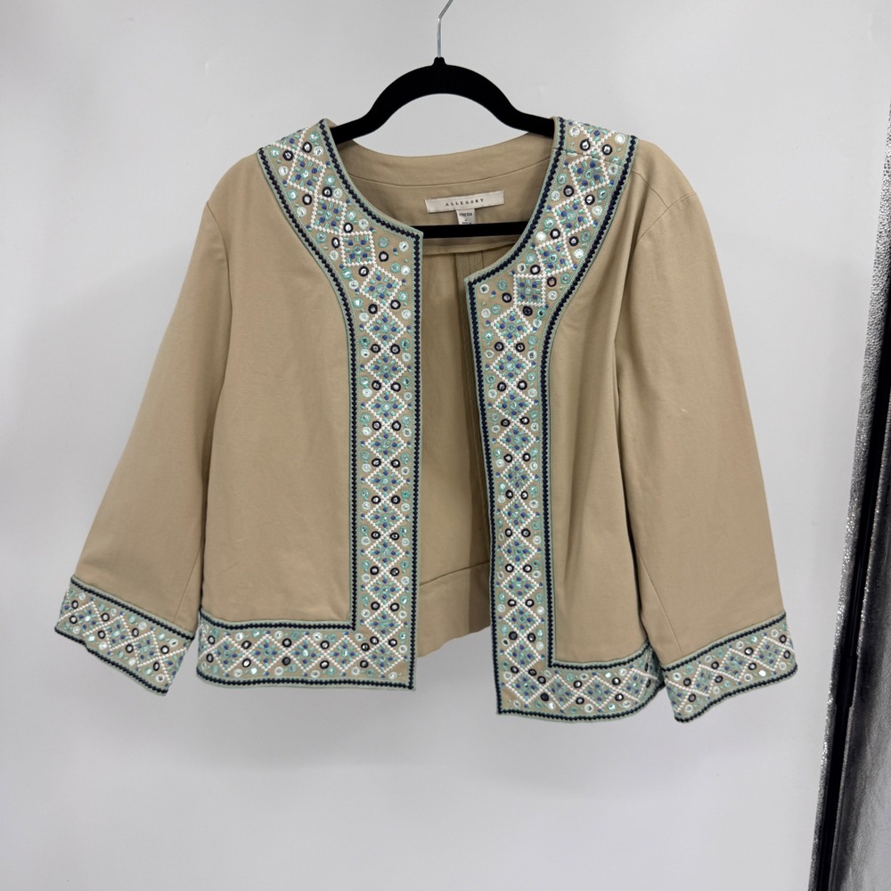 Allegory Womens XL Tan Embroidered Mirror Open Front Cropped Jacket 3/4 Sleeve